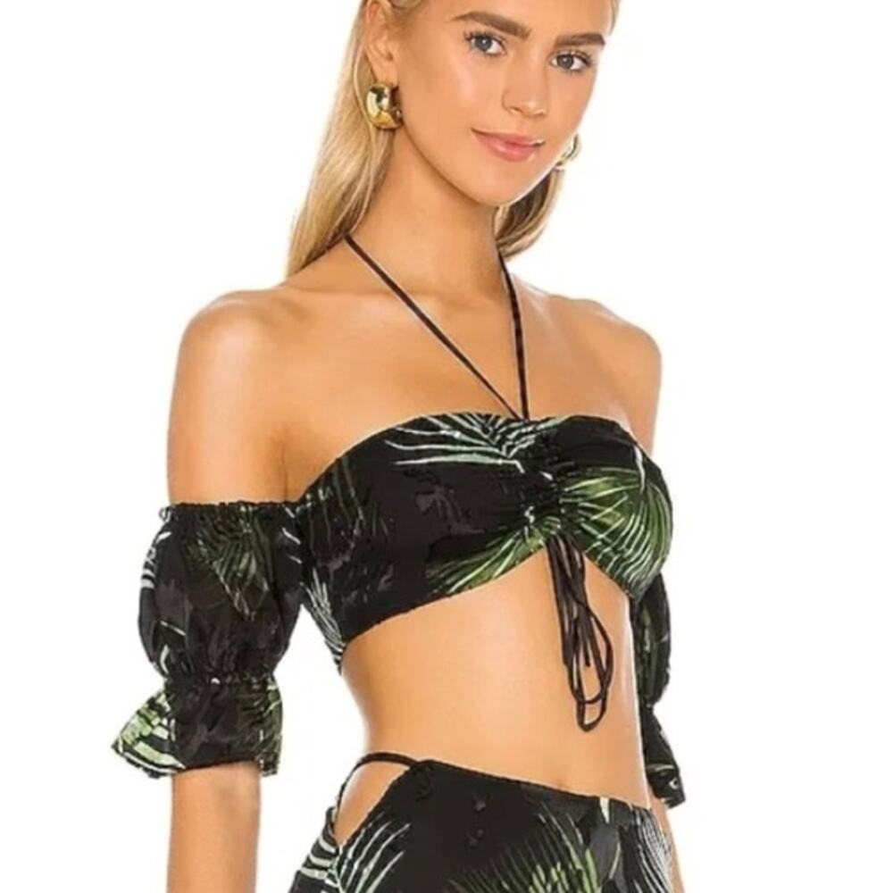 REVOLVE Camila Coelho Esmeralda Palm Print Crop Top - Black - Green - Size XXS